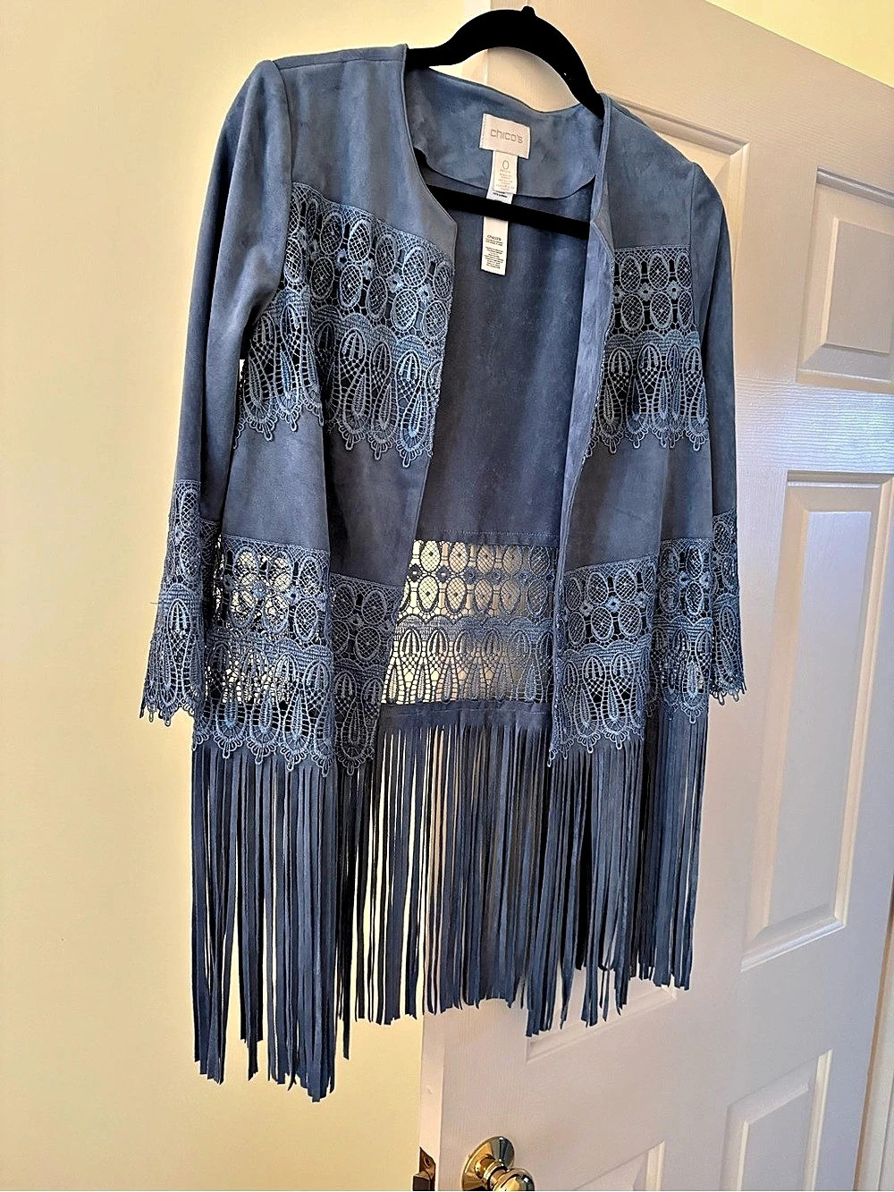Chico's Faux Suede Cutwork fringe Jacket - Picture 1 of 7